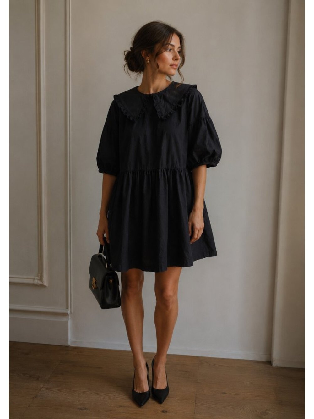Collusion Black Cotton Babydoll Mini Dress Peter Pan Collar Puff Sleeve US10